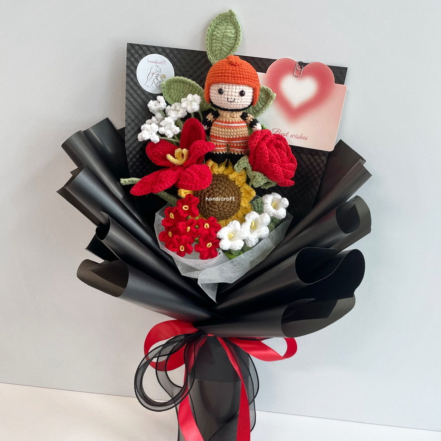 handicroft handmade crochet army soldier series flower bouquet SCDF firefighter suit blooming in fire black edition red