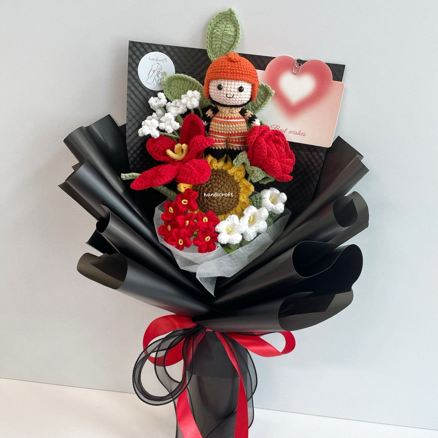 handicroft handmade crochet army soldier series flower bouquet SCDF firefighter suit blooming in fire black edition red