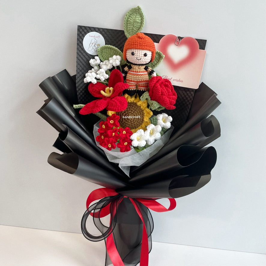 handicroft handmade crochet army soldier series flower bouquet SCDF firefighter suit blooming in fire black edition red