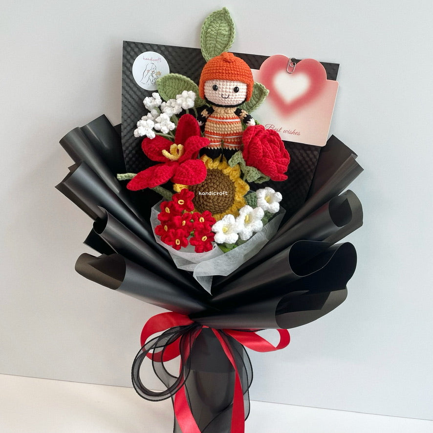 handicroft handmade crochet army soldier series flower bouquet SCDF firefighter suit blooming in fire black edition red