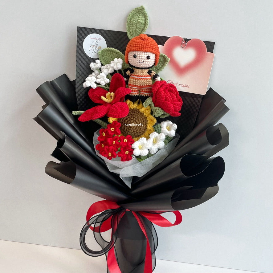handicroft handmade crochet army soldier series flower bouquet SCDF firefighter suit blooming in fire black edition red