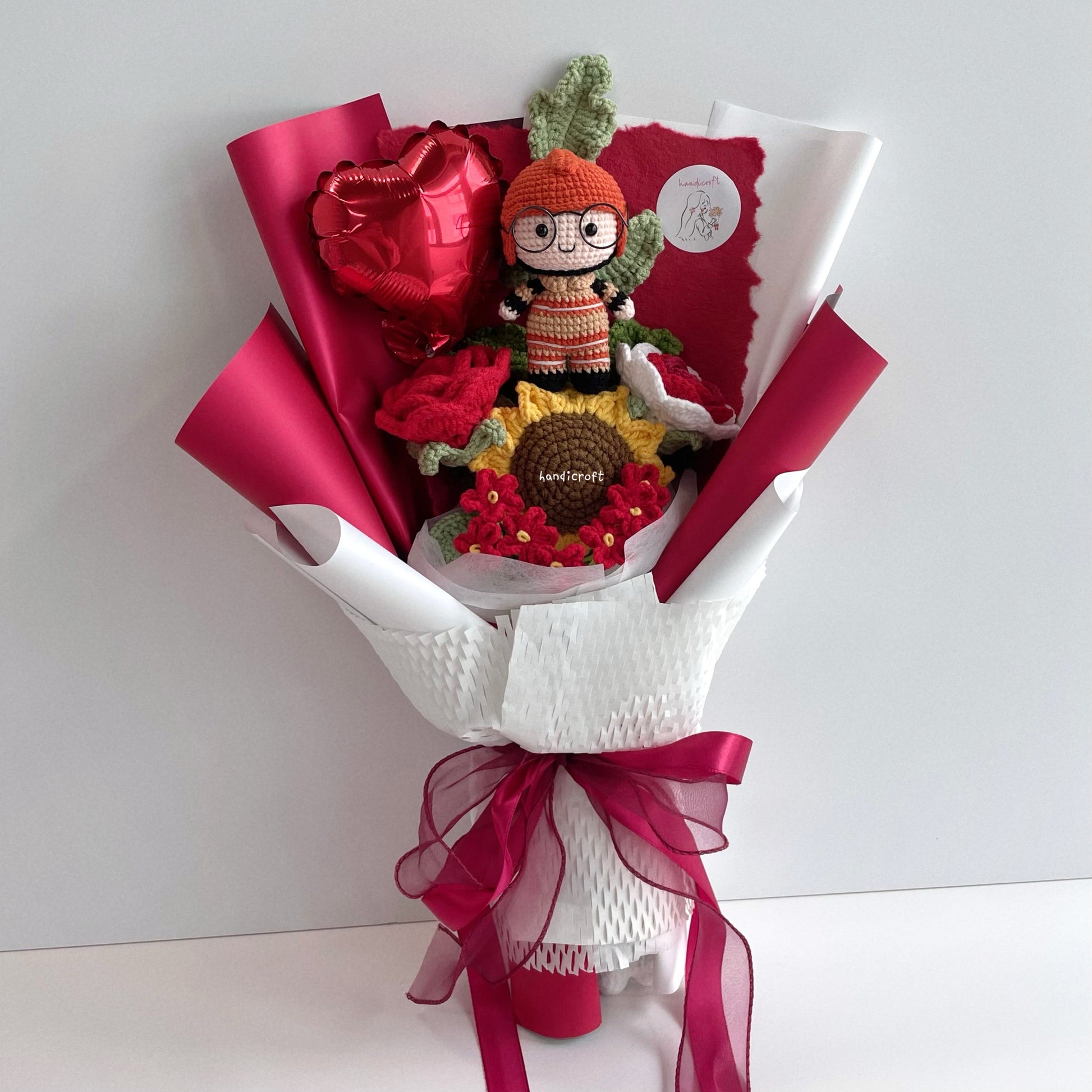 handicroft handmade crochet army soldier series flower bouquet SCDF firefighter suit flame in bloom SG edition red & white