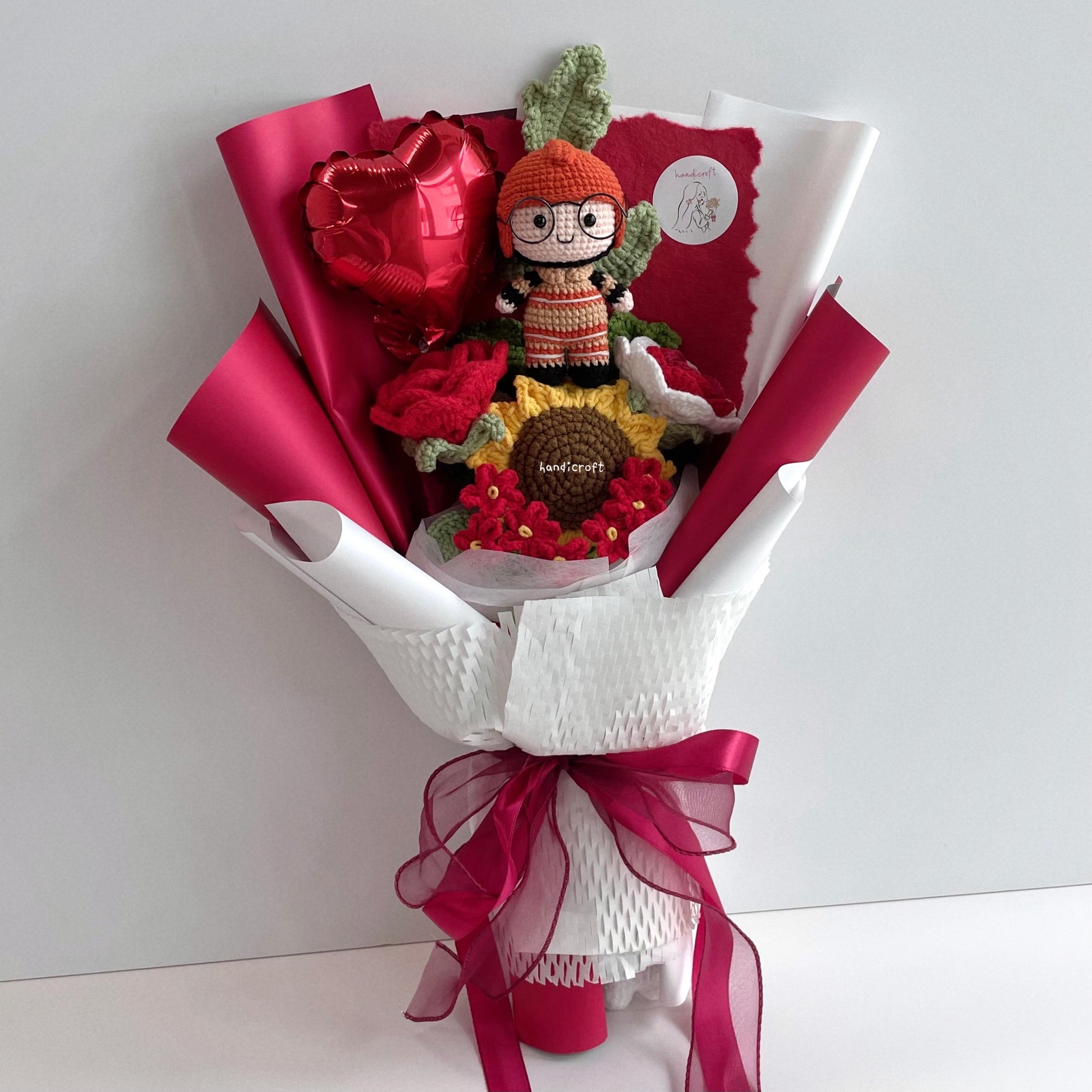 handicroft handmade crochet army soldier series flower bouquet SCDF firefighter suit flame in bloom SG edition red & white