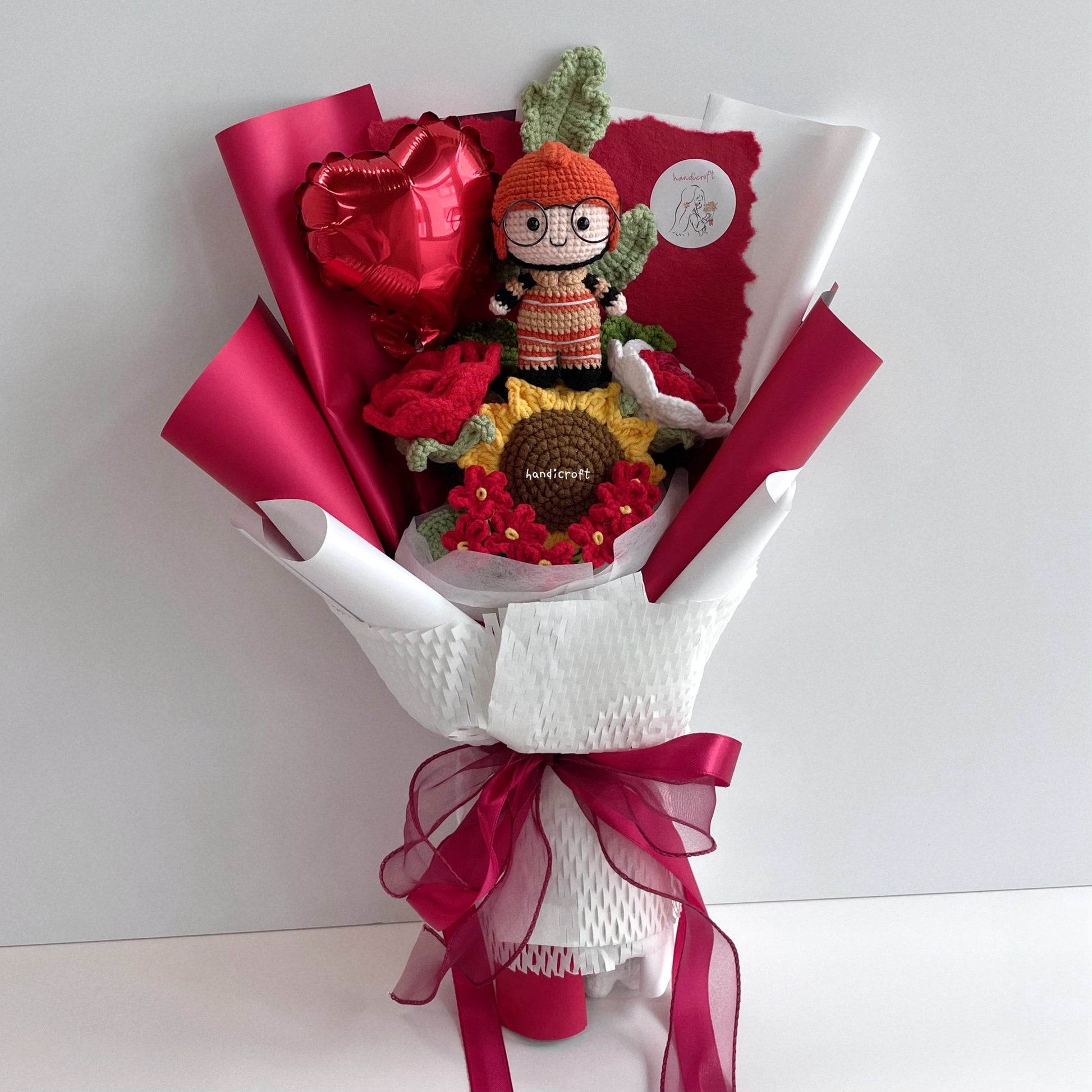 handicroft handmade crochet army soldier series flower bouquet SCDF firefighter suit flame in bloom SG edition red & white