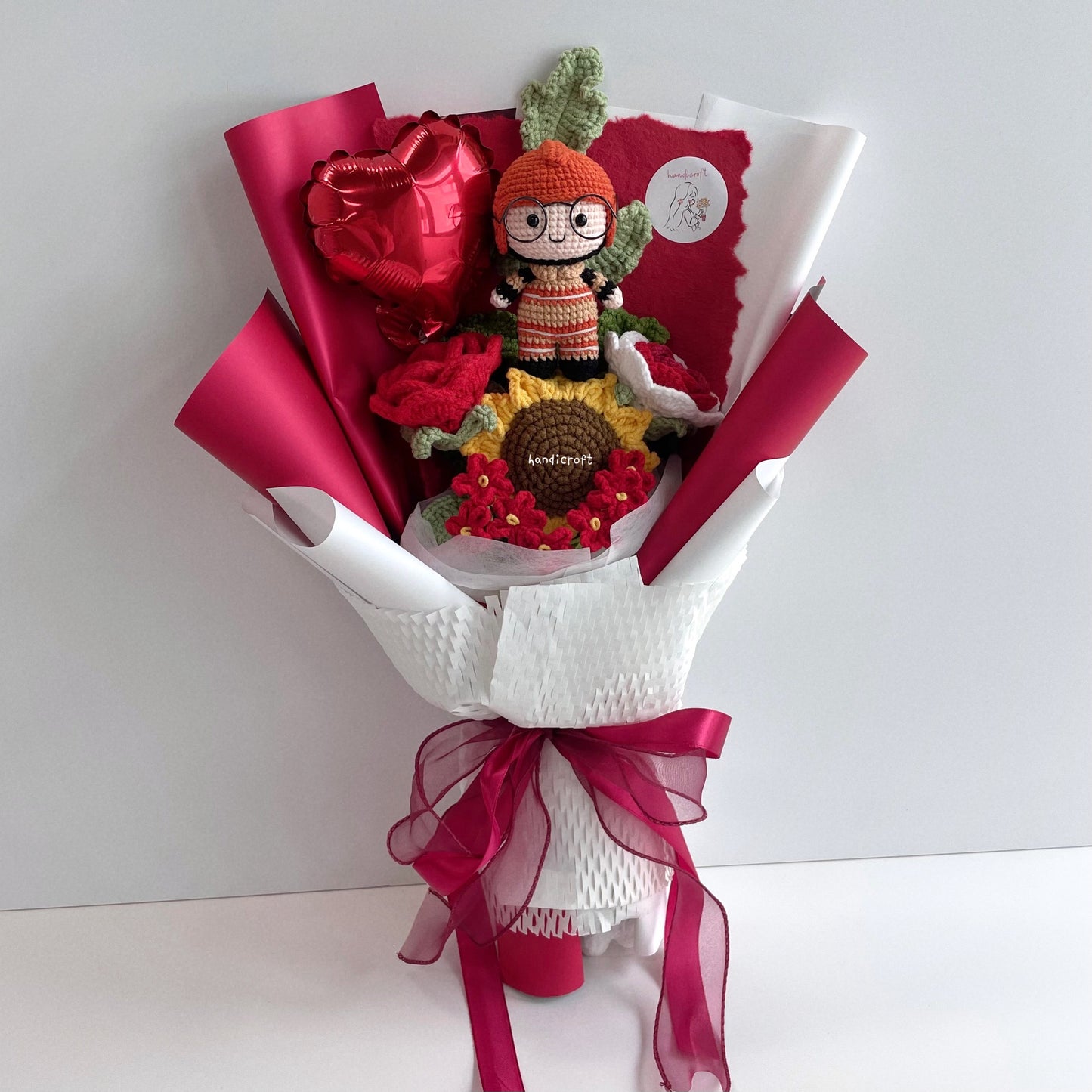 handicroft handmade crochet army soldier series flower bouquet SCDF firefighter suit flame in bloom SG edition red & white