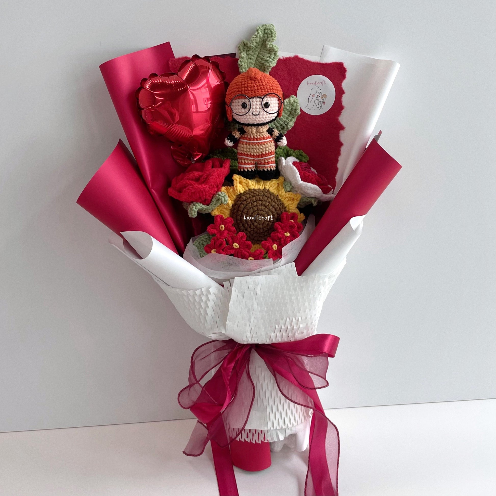 handicroft handmade crochet army soldier series flower bouquet SCDF firefighter suit flame in bloom SG edition red & white