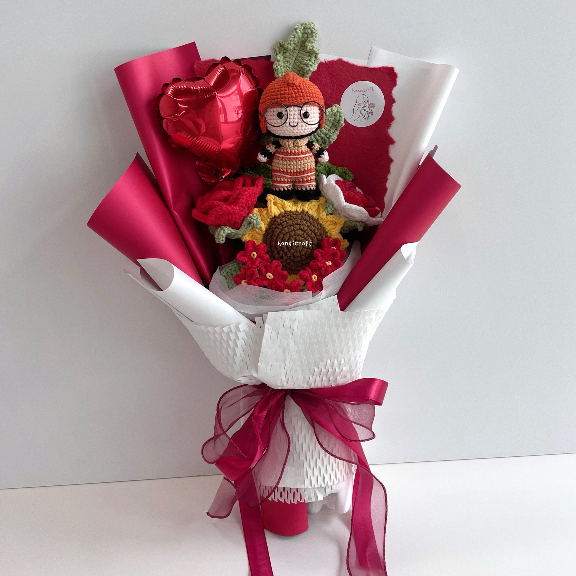 handicroft handmade crochet army soldier series flower bouquet SCDF firefighter suit flame in bloom SG edition red & white