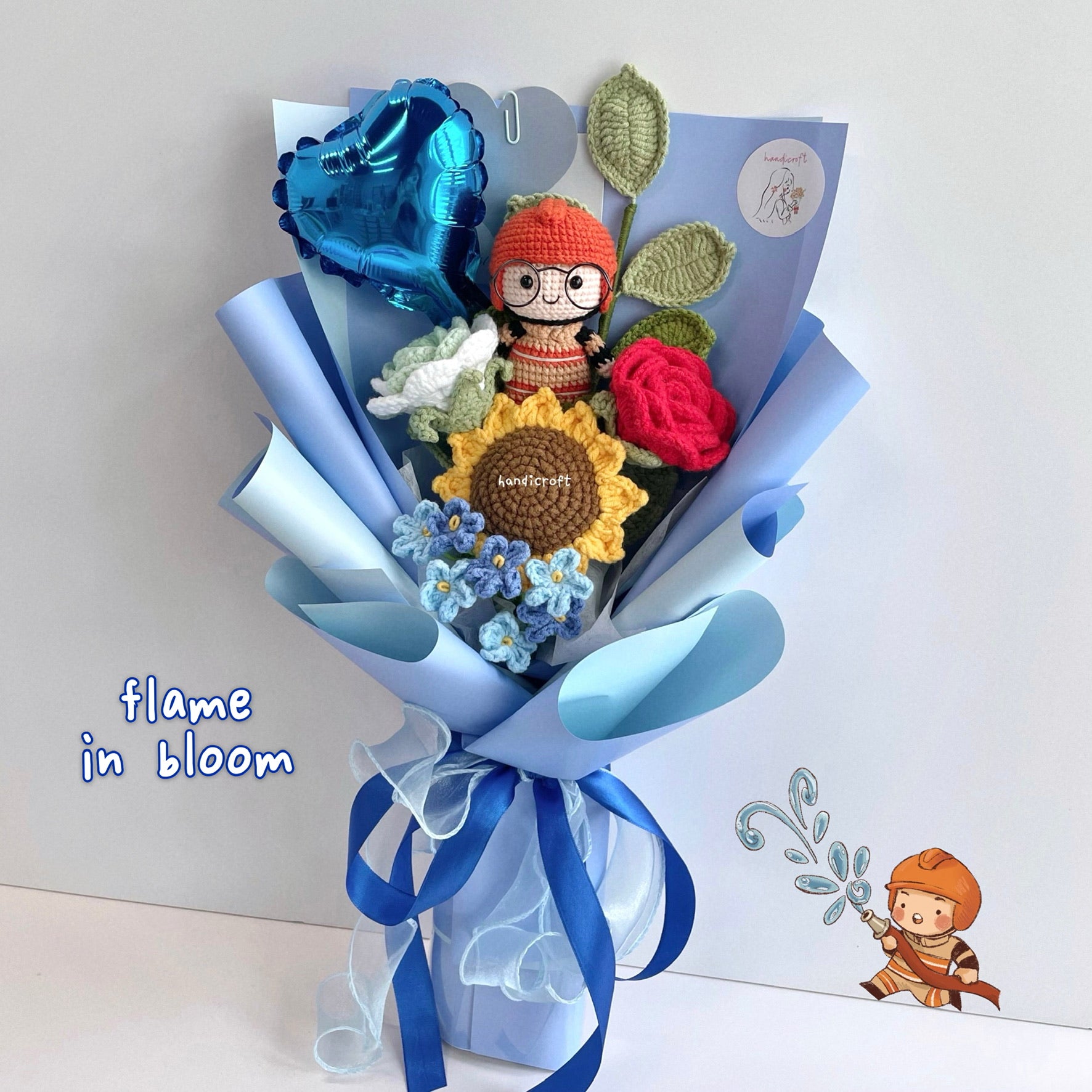 handicroft handmade crochet army soldier series flower bouquet SCDF firefighter suit flame in bloom blue