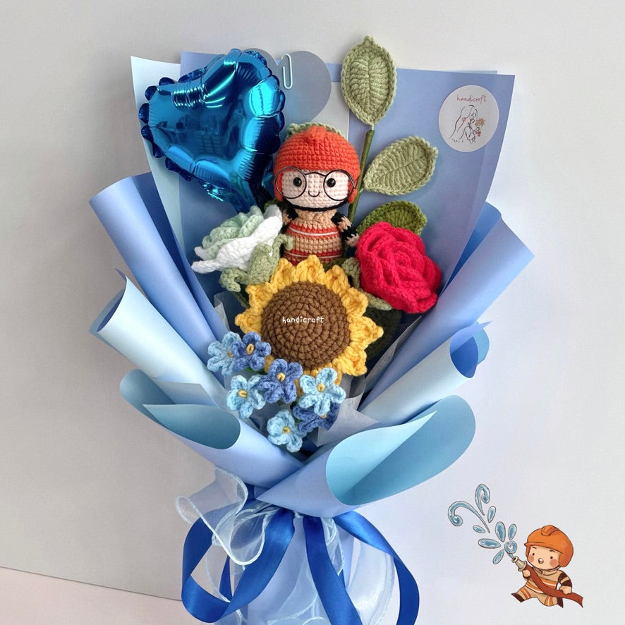 handicroft handmade crochet army soldier series flower bouquet SCDF firefighter suit flame in bloom blue