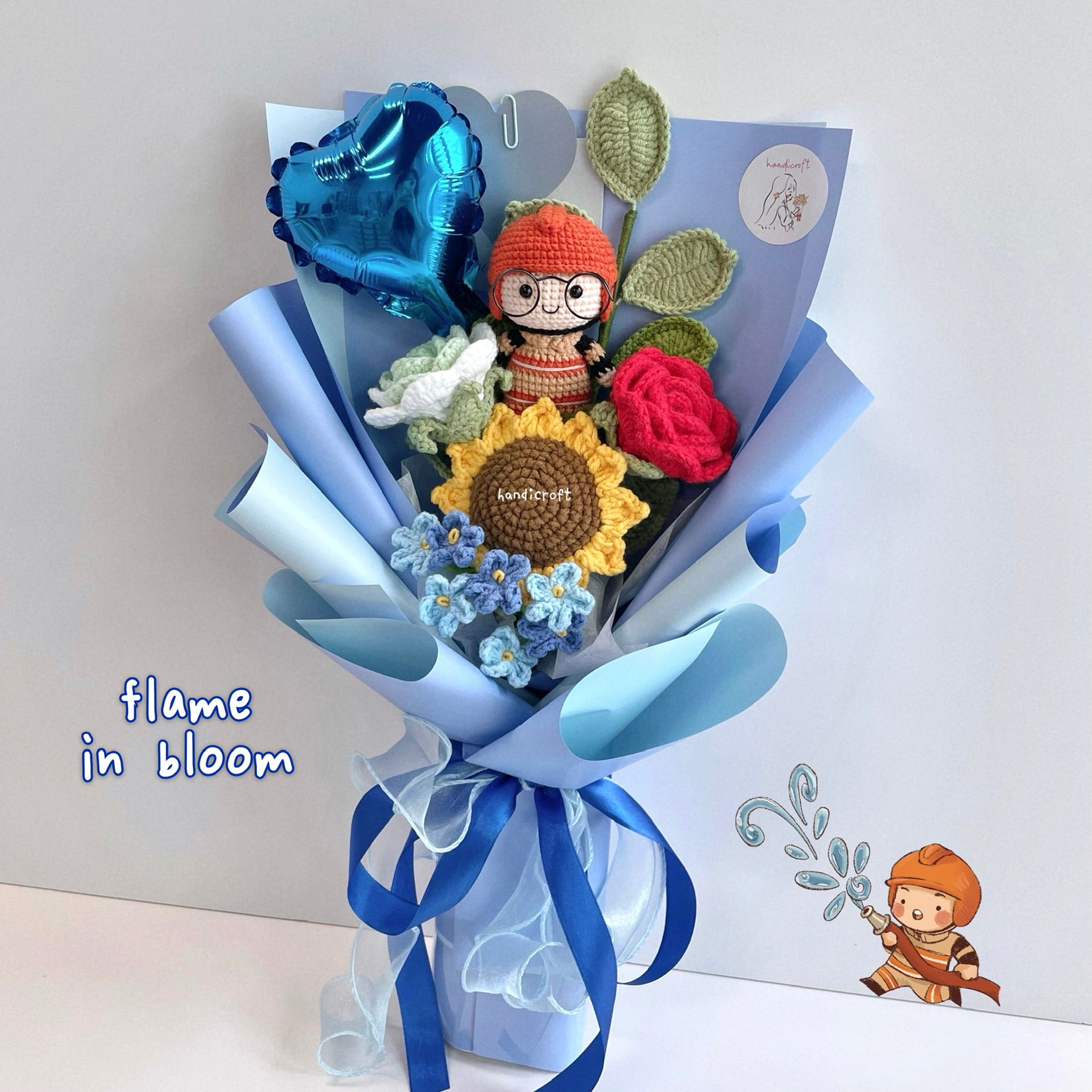 handicroft handmade crochet army soldier series flower bouquet SCDF firefighter suit flame in bloom blue