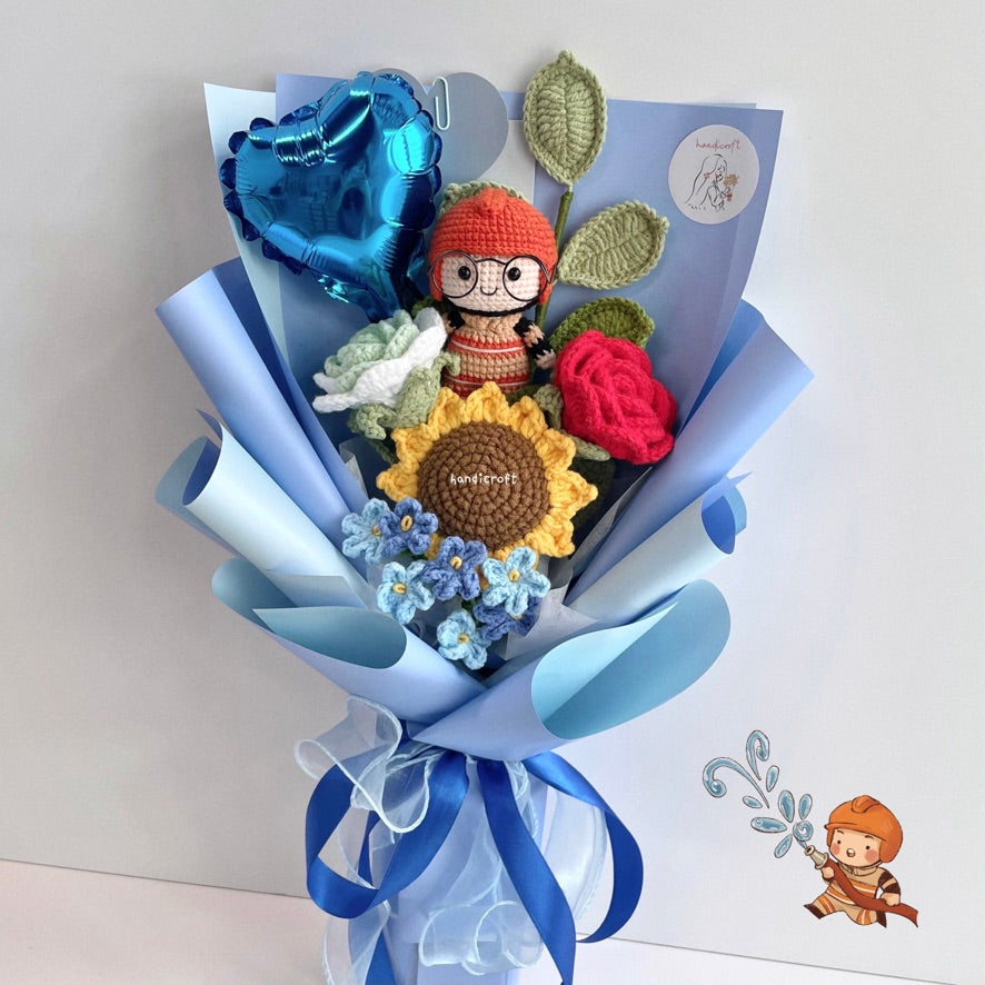 handicroft handmade crochet army soldier series flower bouquet SCDF firefighter suit flame in bloom blue