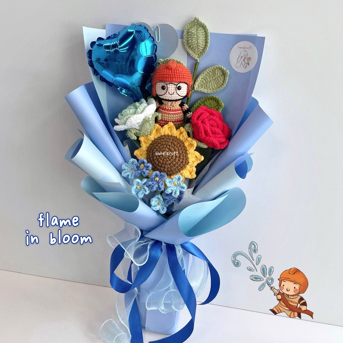 handicroft handmade crochet army soldier series flower bouquet SCDF firefighter suit flame in bloom blue