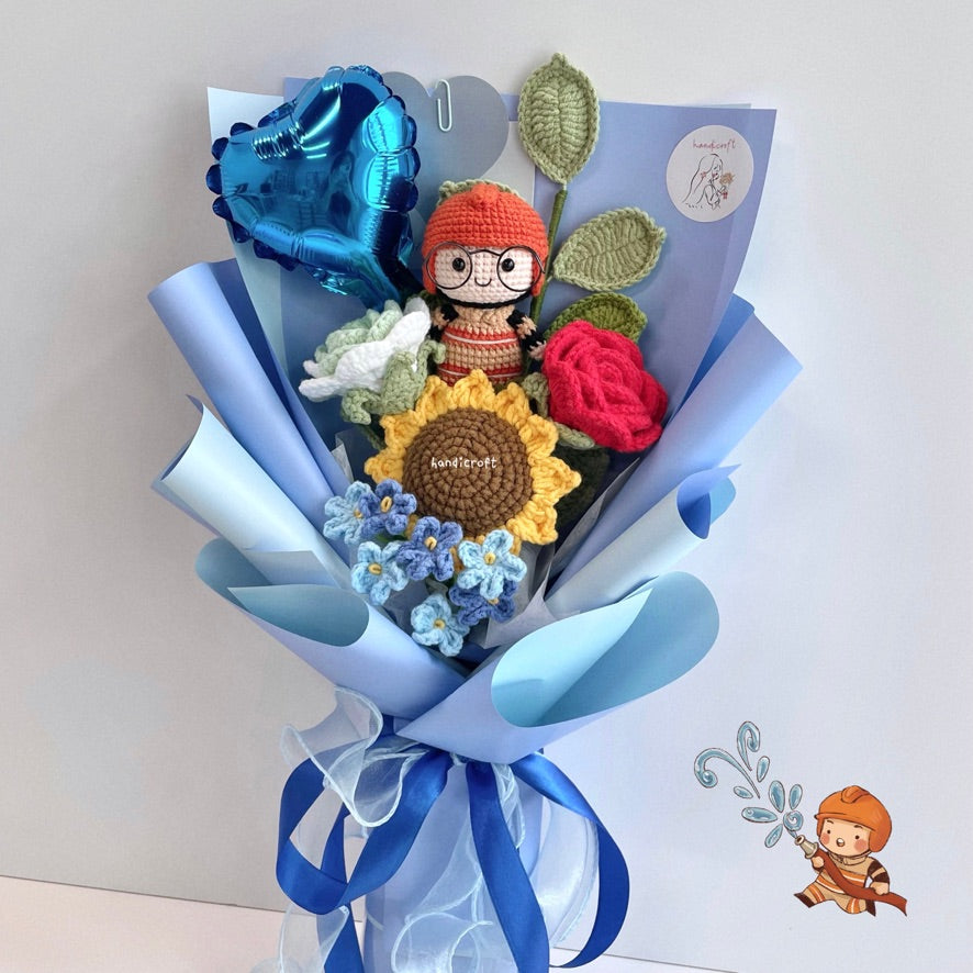 handicroft handmade crochet army soldier series flower bouquet SCDF firefighter suit flame in bloom blue