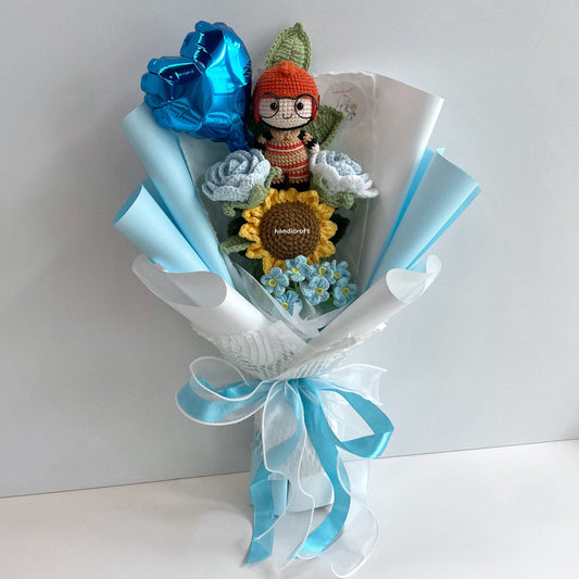 handicroft handmade crochet army soldier series flower bouquet SCDF firefighter suit flame in bloom pastel edition blue & white