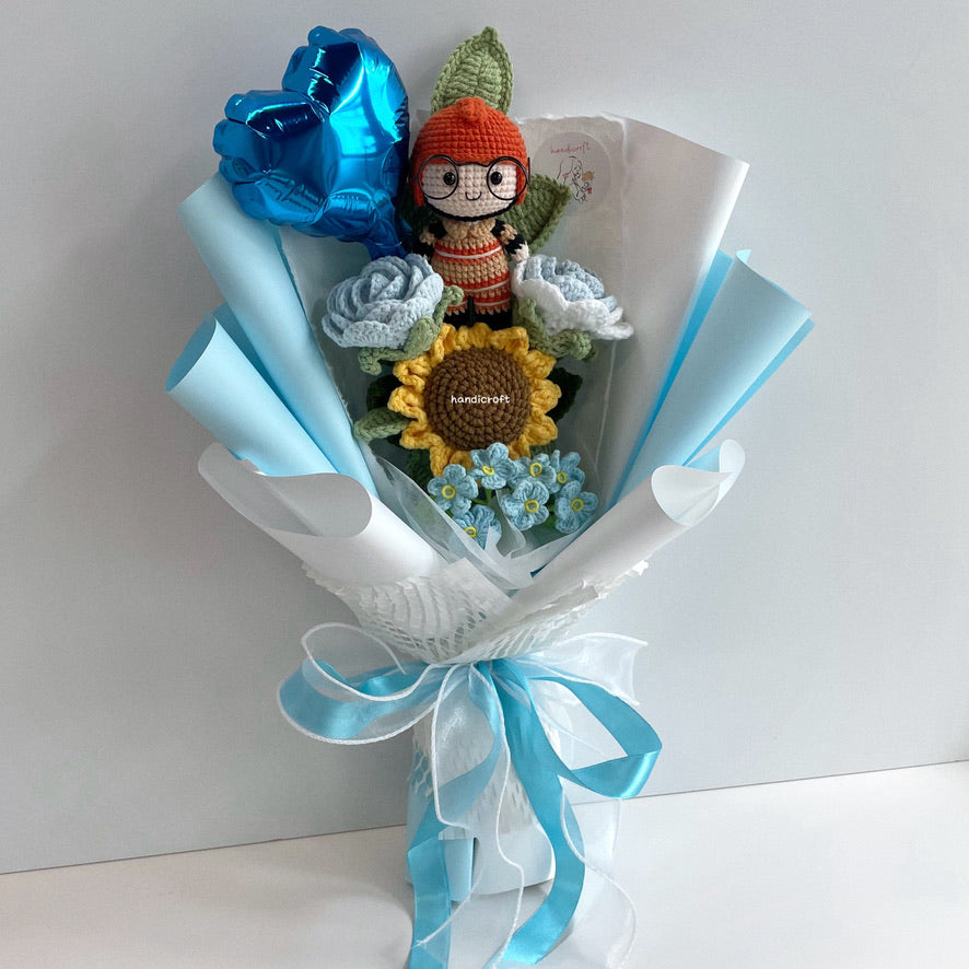 handicroft handmade crochet army soldier series flower bouquet SCDF firefighter suit flame in bloom pastel edition blue & white