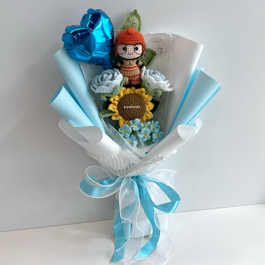 handicroft handmade crochet army soldier series flower bouquet SCDF firefighter suit flame in bloom pastel edition blue & white