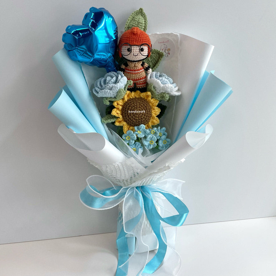 handicroft handmade crochet army soldier series flower bouquet SCDF firefighter suit flame in bloom pastel edition blue & white