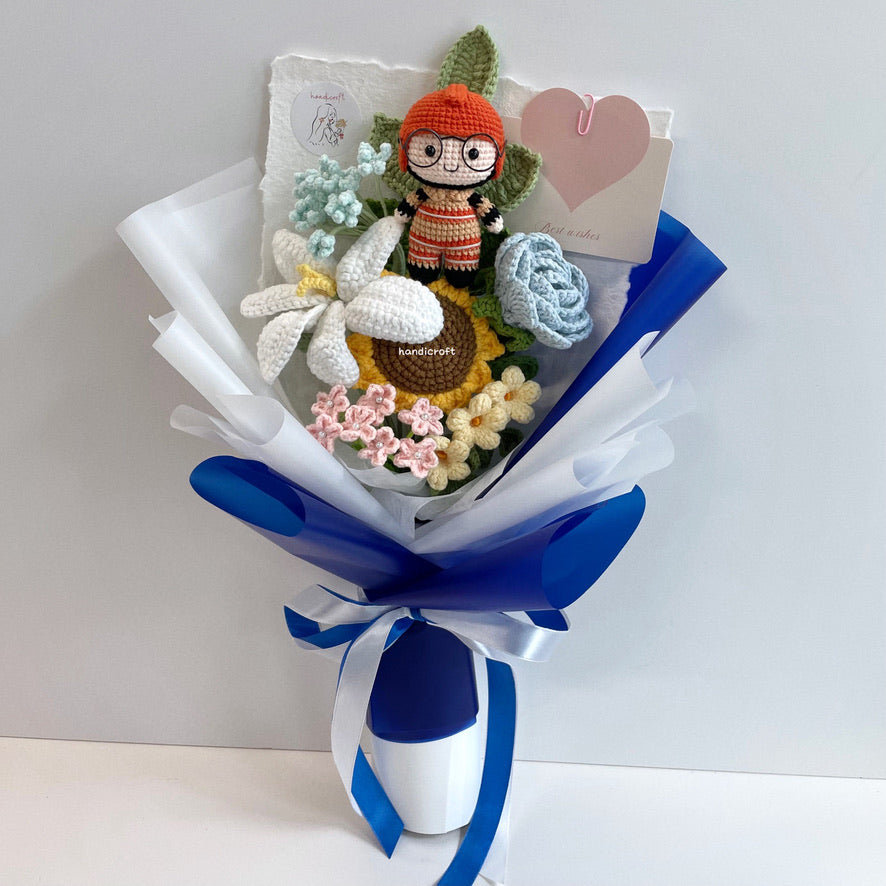 handicroft handmade crochet army soldier series flower bouquet SCDF firefighter suit pastel oath of resilience