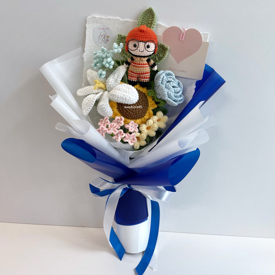 handicroft handmade crochet army soldier series flower bouquet SCDF firefighter suit pastel oath of resilience