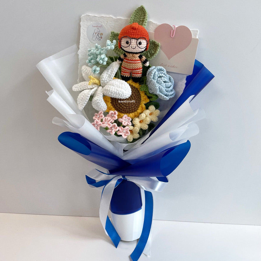 handicroft handmade crochet army soldier series flower bouquet SCDF firefighter suit pastel oath of resilience