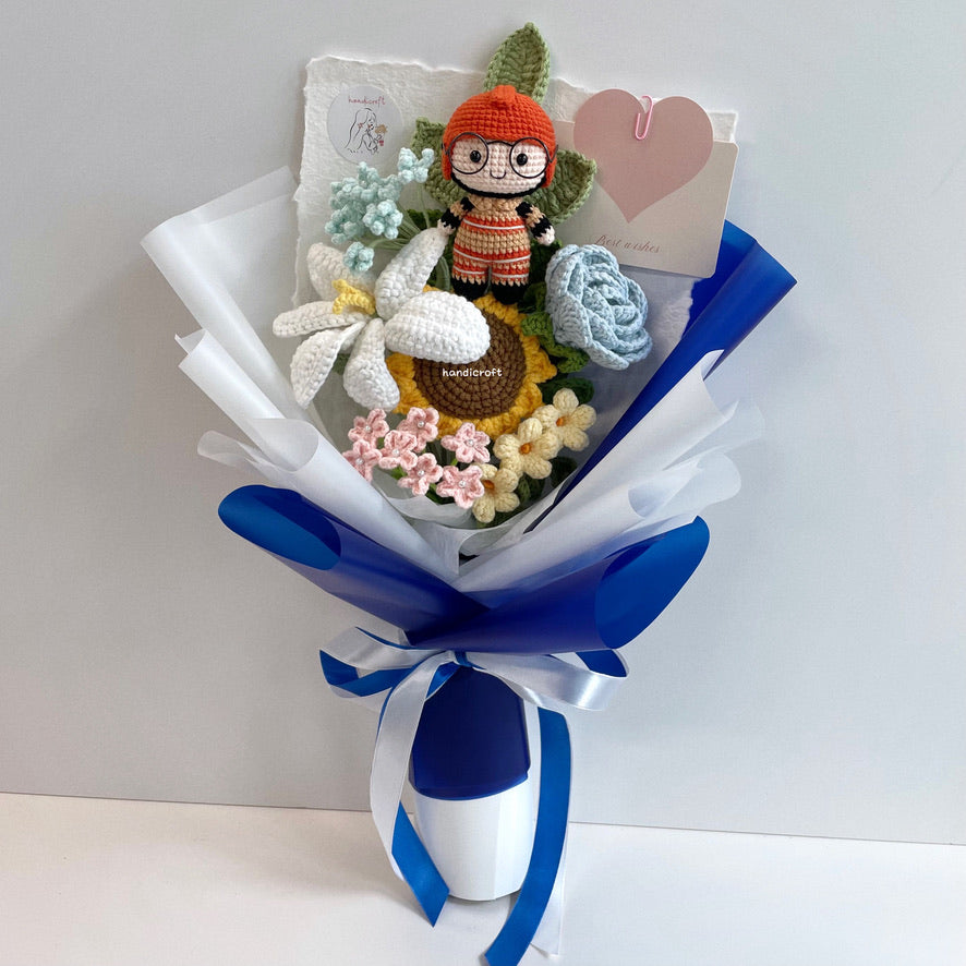 handicroft handmade crochet army soldier series flower bouquet SCDF firefighter suit pastel oath of resilience