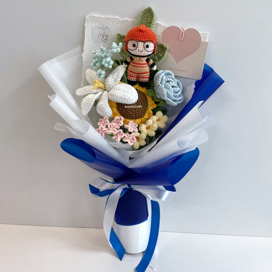 handicroft handmade crochet army soldier series flower bouquet SCDF firefighter suit pastel oath of resilience