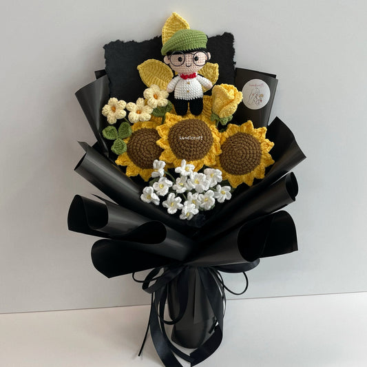 handicroft handmade crochet army soldier series sunflower flower bouquet ORD sunflower platoon glory black wrapping