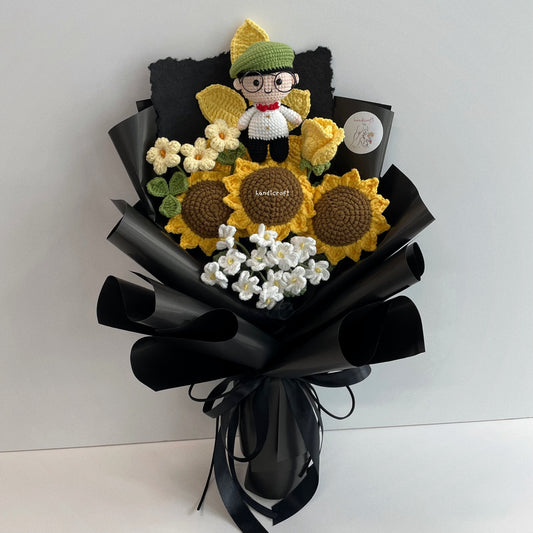handicroft handmade crochet army soldier series sunflower flower bouquet ORD sunflower platoon glory black wrapping