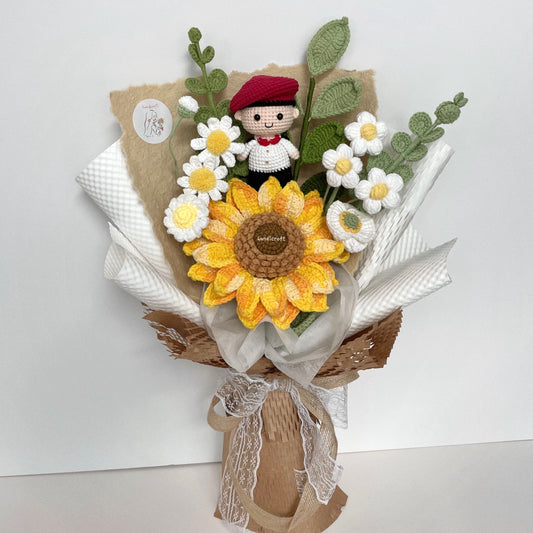handicroft handmade crochet army soldier series sunflower flower bouquet ORD sunshine in uniform red beret