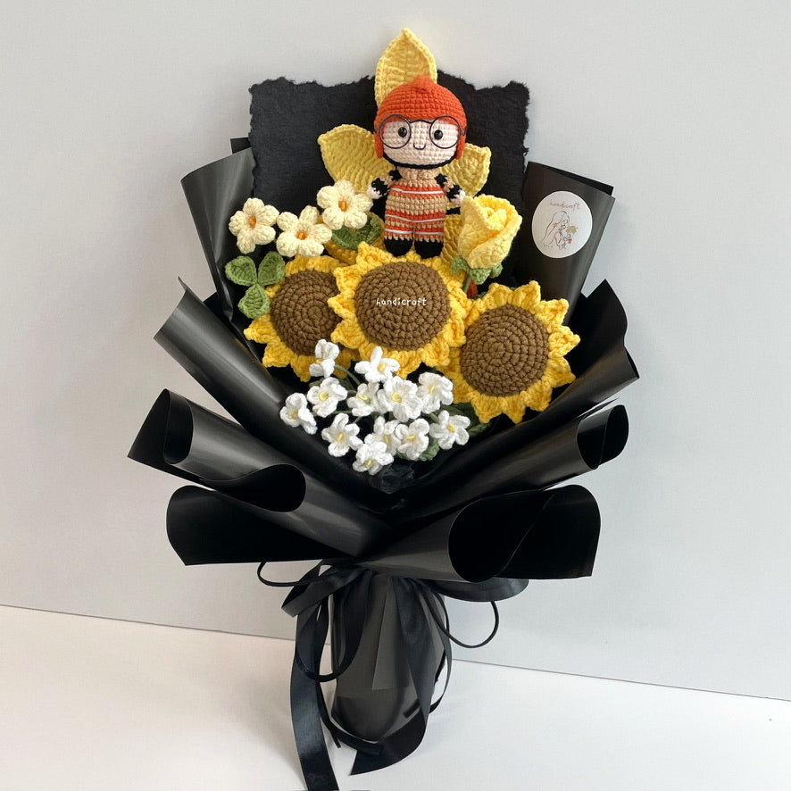 handicroft handmade crochet army soldier series sunflower flower bouquet SCDF firefighter suit sunflower platoon flame black wrapping