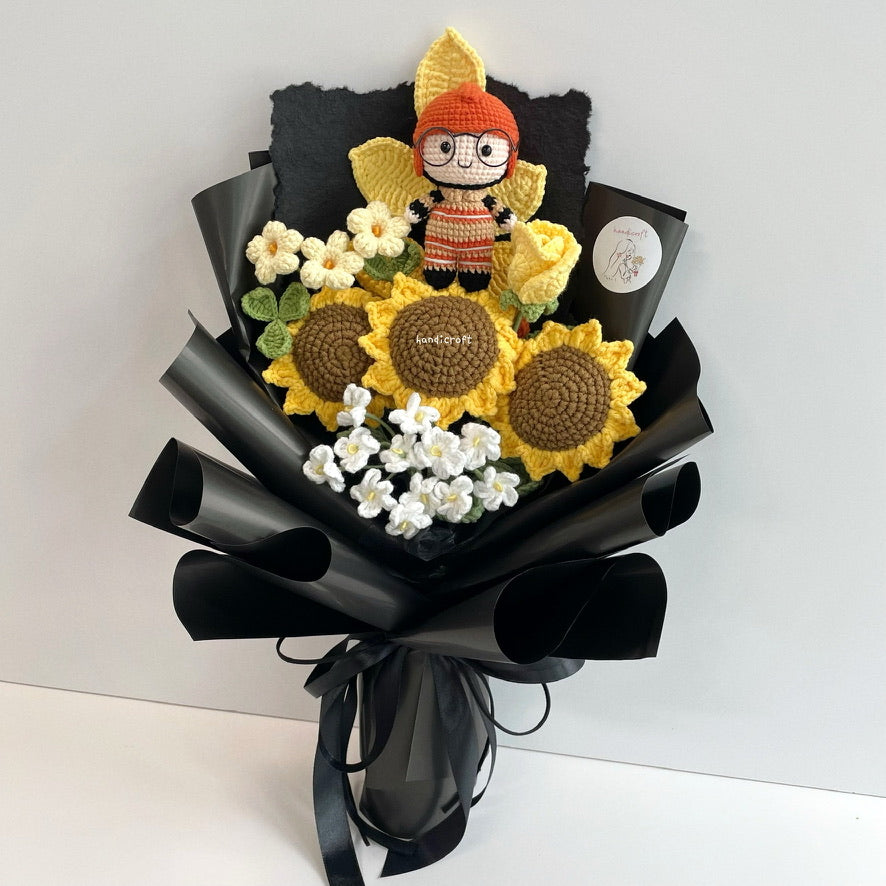 handicroft handmade crochet army soldier series sunflower flower bouquet SCDF firefighter suit sunflower platoon flame black wrapping