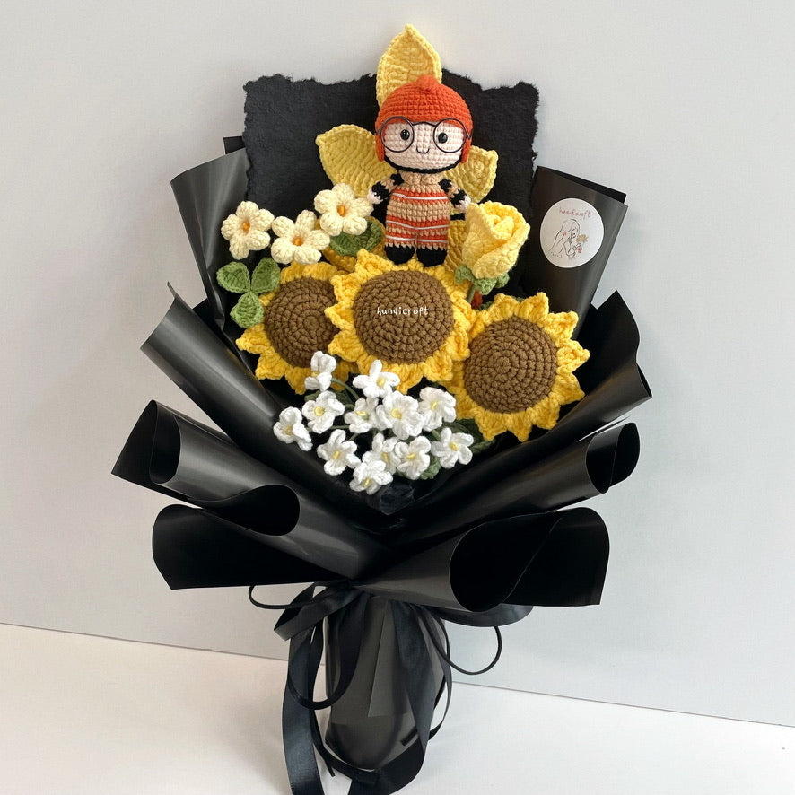 handicroft handmade crochet army soldier series sunflower flower bouquet SCDF firefighter suit sunflower platoon flame black wrapping