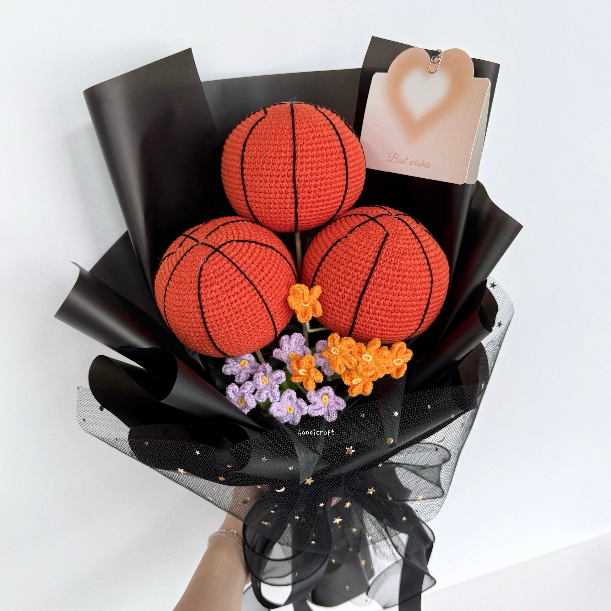 handicroft handmade crochet basketball flower bouquet ballin' in bloom