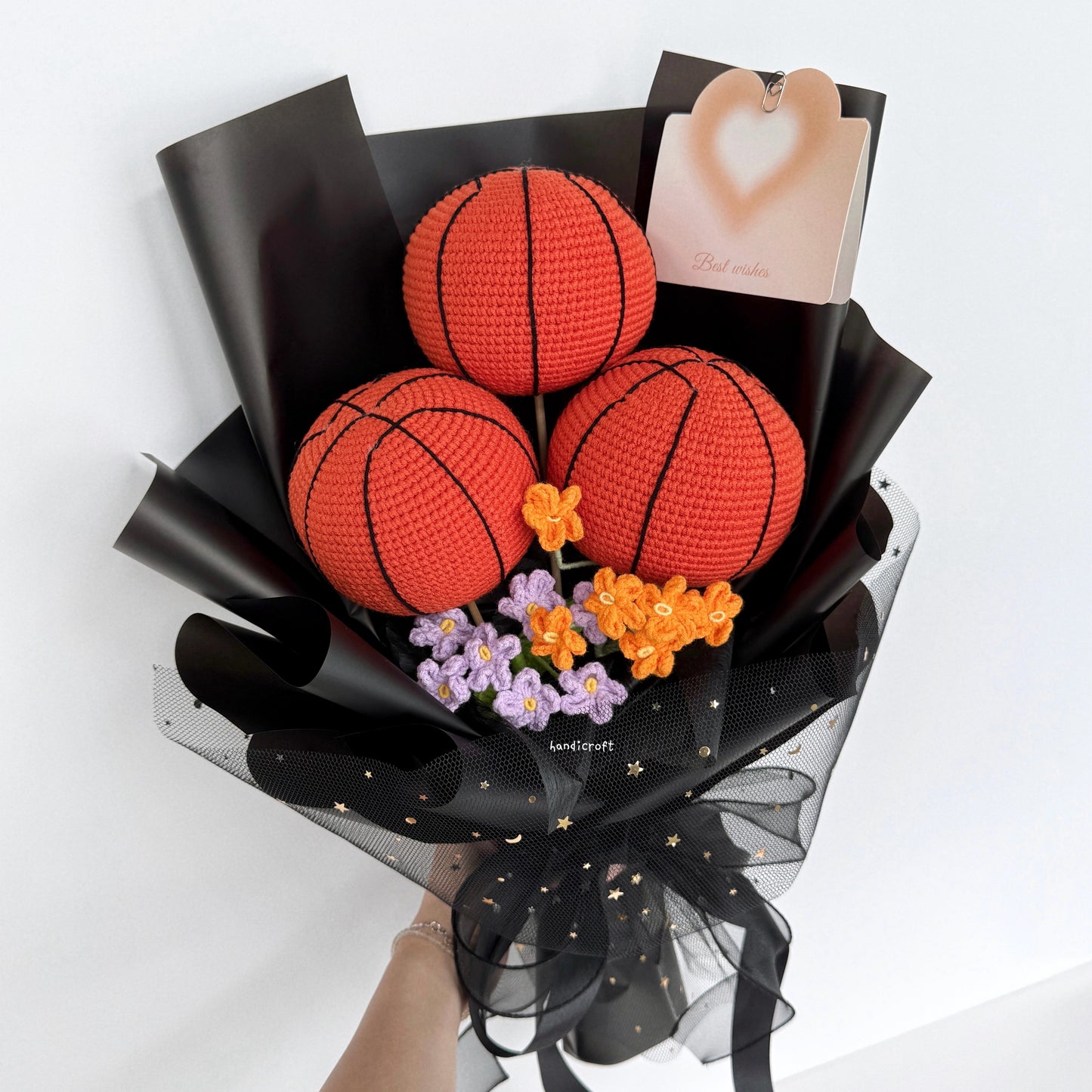 handicroft handmade crochet basketball flower bouquet ballin' in bloom