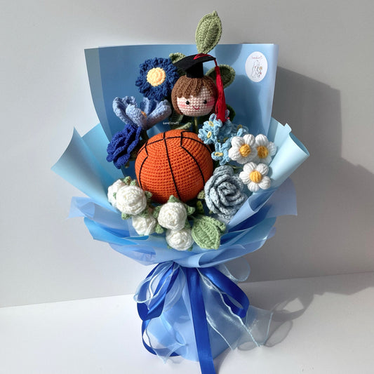 handicroft handmade crochet basketball graduation special blue flower bouquet goal-getter grad