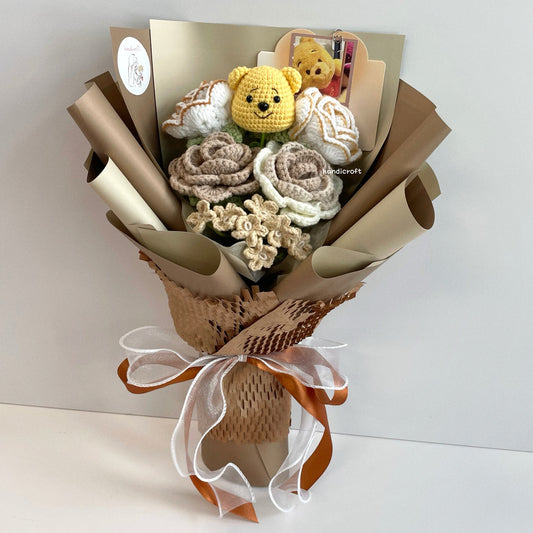 handicroft handmade crochet bear flower bouquet hunny latte