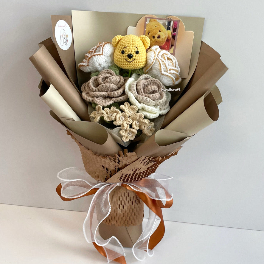 handicroft handmade crochet bear flower bouquet hunny latte