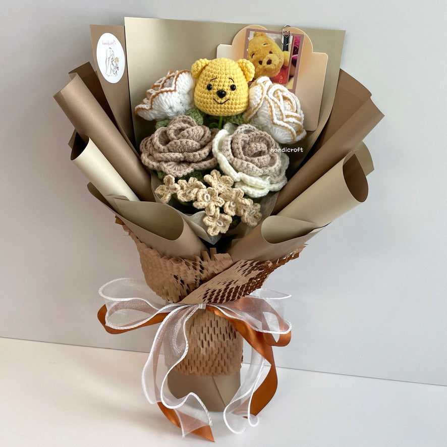 handicroft handmade crochet bear flower bouquet hunny latte