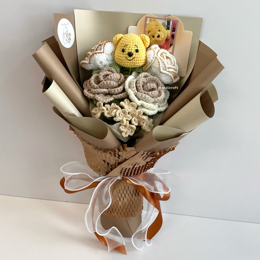 handicroft handmade crochet bear flower bouquet hunny latte