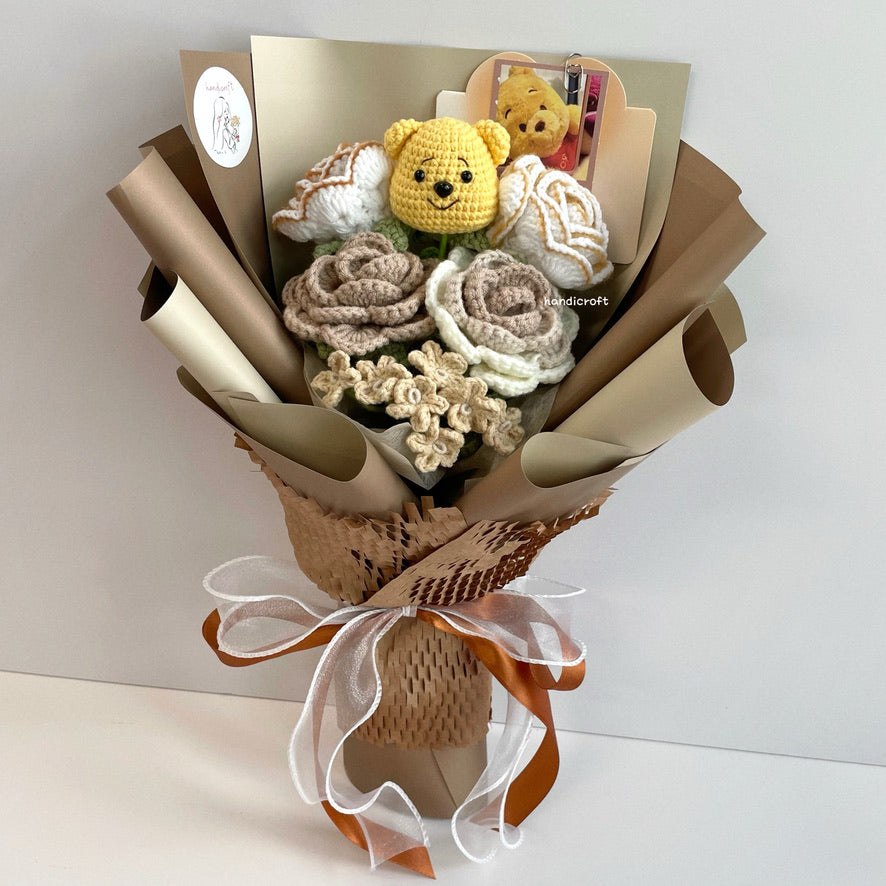 handicroft handmade crochet bear flower bouquet hunny latte