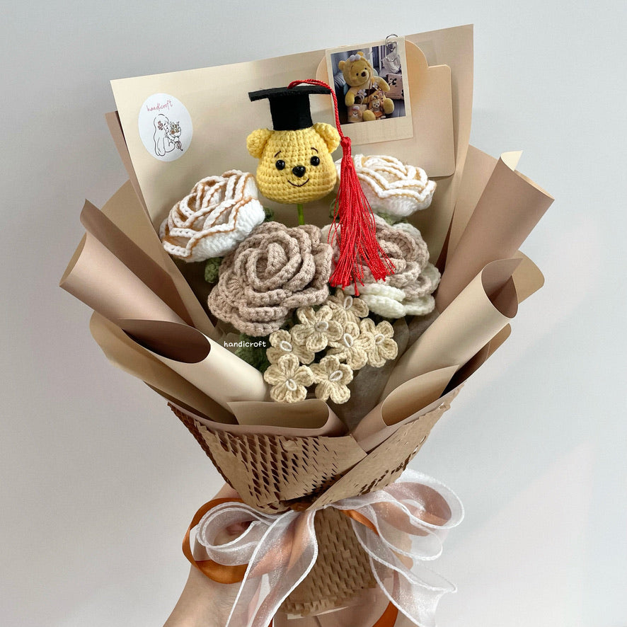 handicroft handmade crochet bear flower bouquet hunny latte