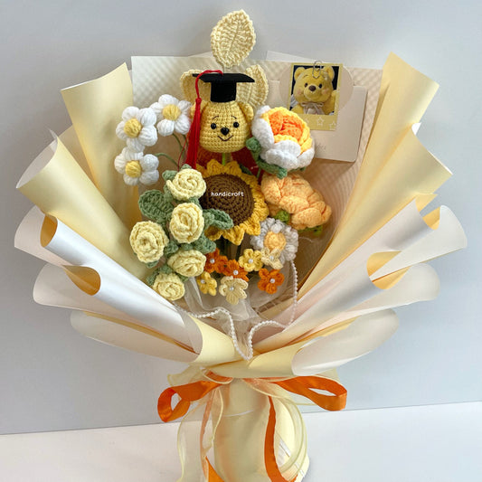 handicroft handmade crochet bear graduation flower bouquet golden daydream yellow
