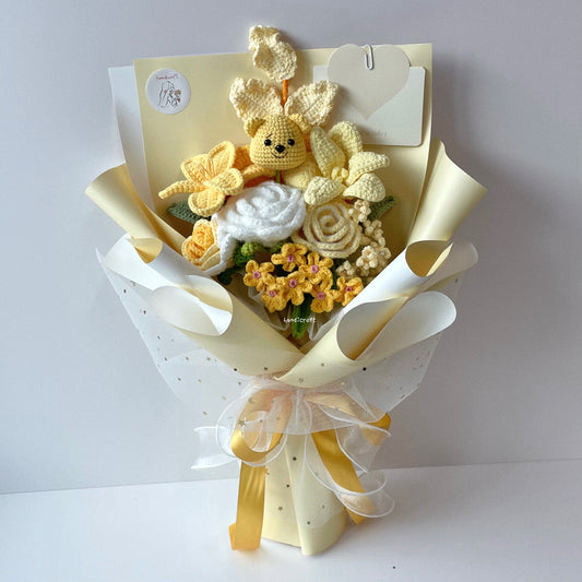 handicroft handmade crochet bear graduation flower bouquet pot of sunshine yellow