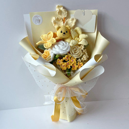 handicroft handmade crochet bear graduation flower bouquet pot of sunshine yellow
