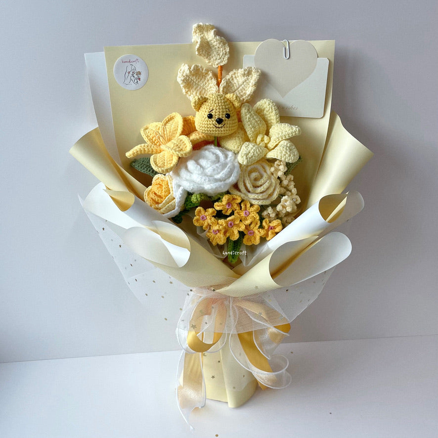 handicroft handmade crochet bear graduation flower bouquet pot of sunshine yellow
