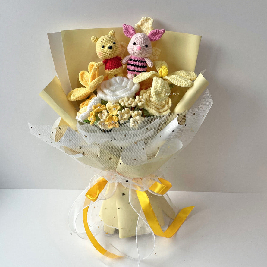 handicroft handmade crochet bear & piglet graduation flower bouquet sunshine & snuggles