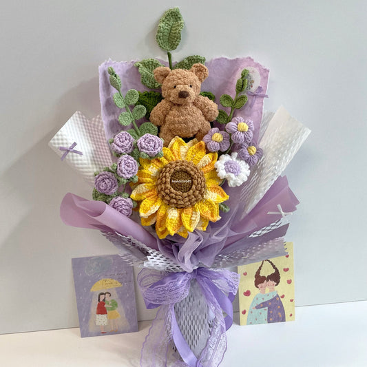 handicroft handmade crochet bear sunflower bouquet beary sunshine purple