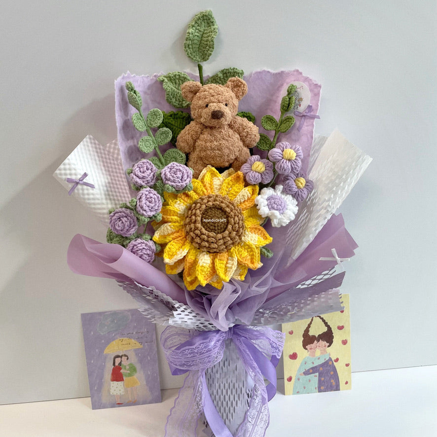 handicroft handmade crochet bear sunflower bouquet beary sunshine purple