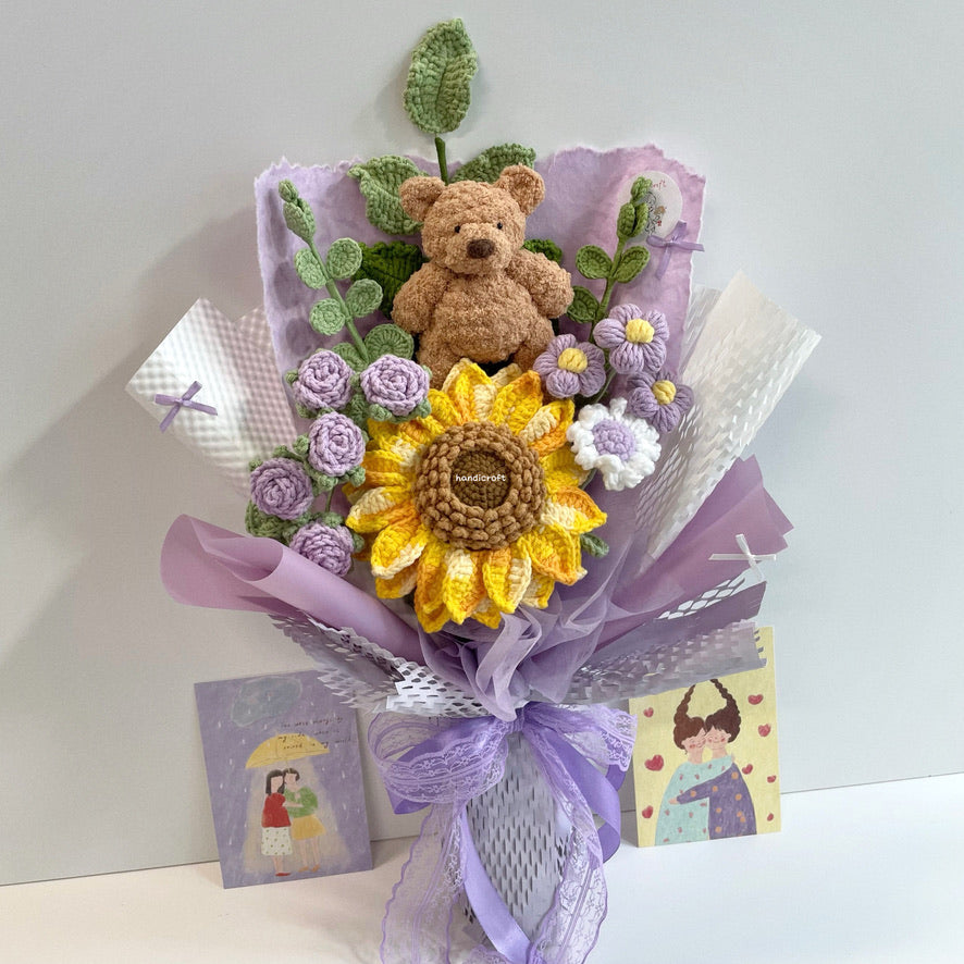 handicroft handmade crochet bear sunflower bouquet beary sunshine purple