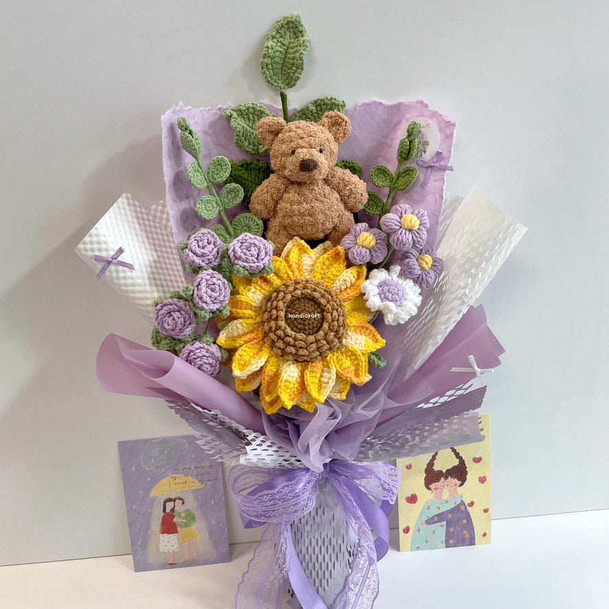 handicroft handmade crochet bear sunflower bouquet beary sunshine purple